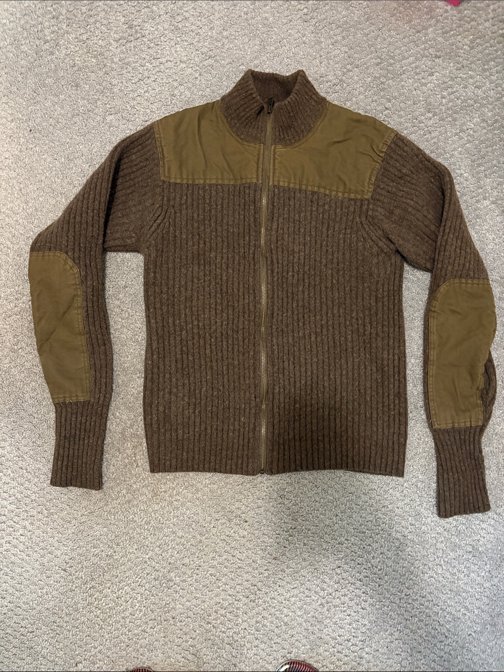 L.L. Bean Brown Zip-Up Ribbed Sweater with Faux Suede Panels Men Medium